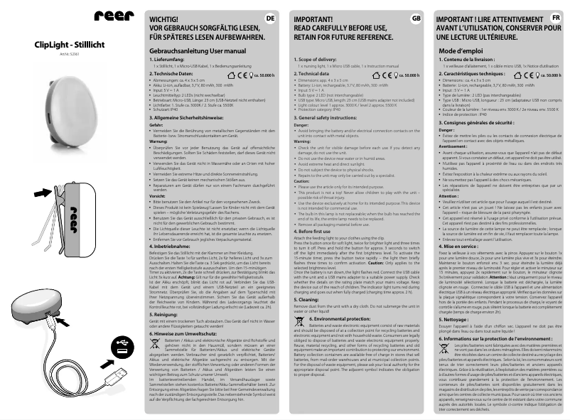 Imagen de la primera página del manual del dispositivo ClipLight 52361
