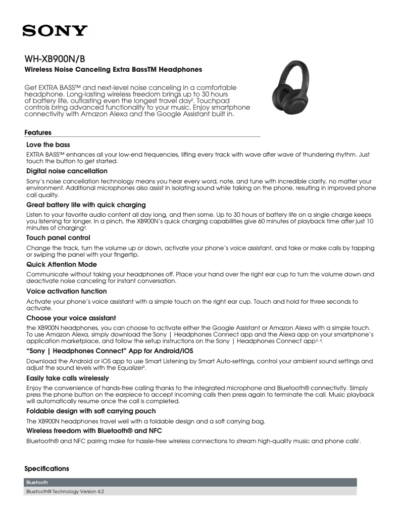 Página 1 del manual Ficha técnica Sony WH-XB900N