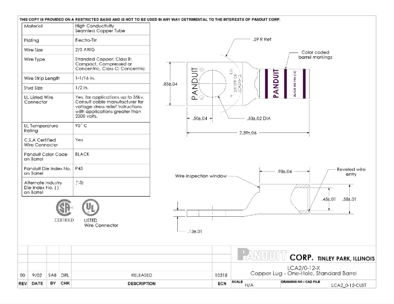 Página 1 del manual Dibujo técnico Panduit LCA2/0-12-X