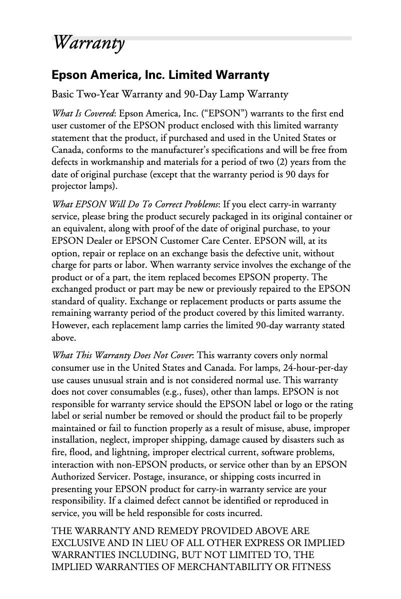 Página 1 del manual Información de garantía Epson PowerLite 7850pNL