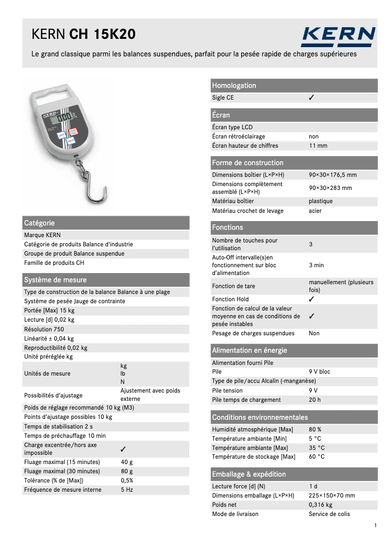 Página 1 del manual Ficha técnica Kern CH 15K20