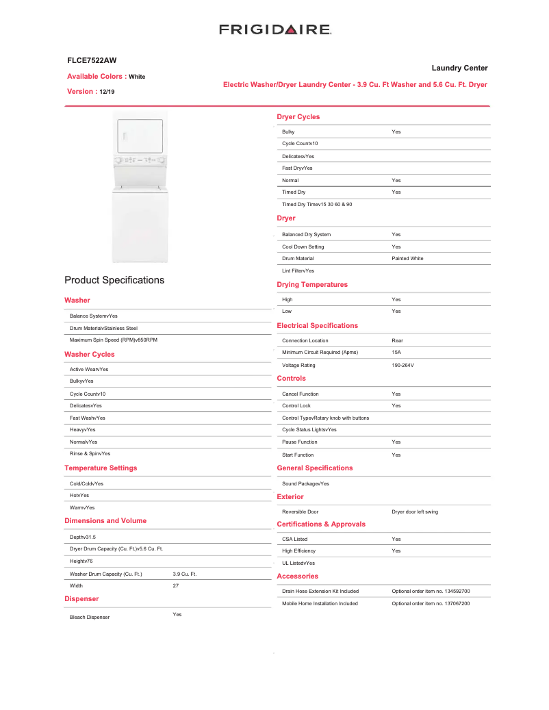 Página 1 del manual Ficha técnica Frigidaire FLCE7522AW