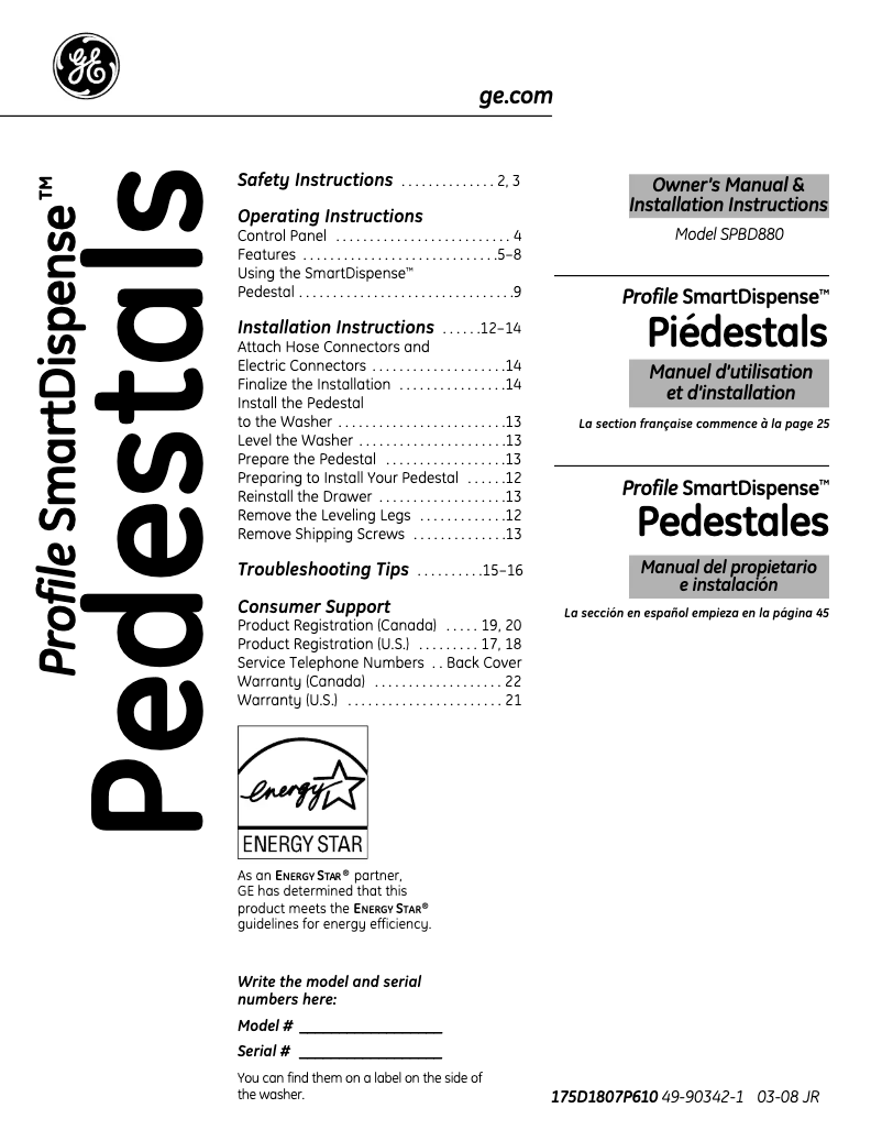 Página 1 del manual Manual de usuario GE Profile SPBD880JMV
