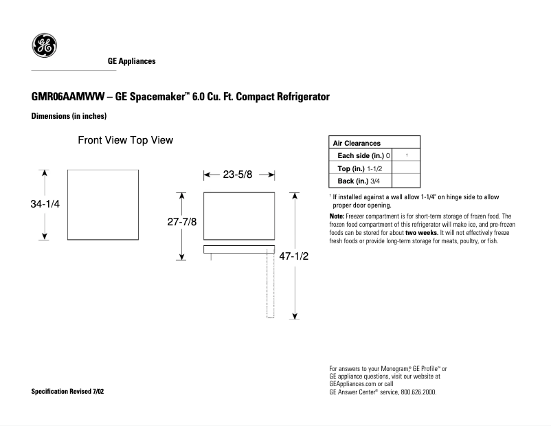 Página nº 1 - Ficha técnica GE GMR06AAMWW