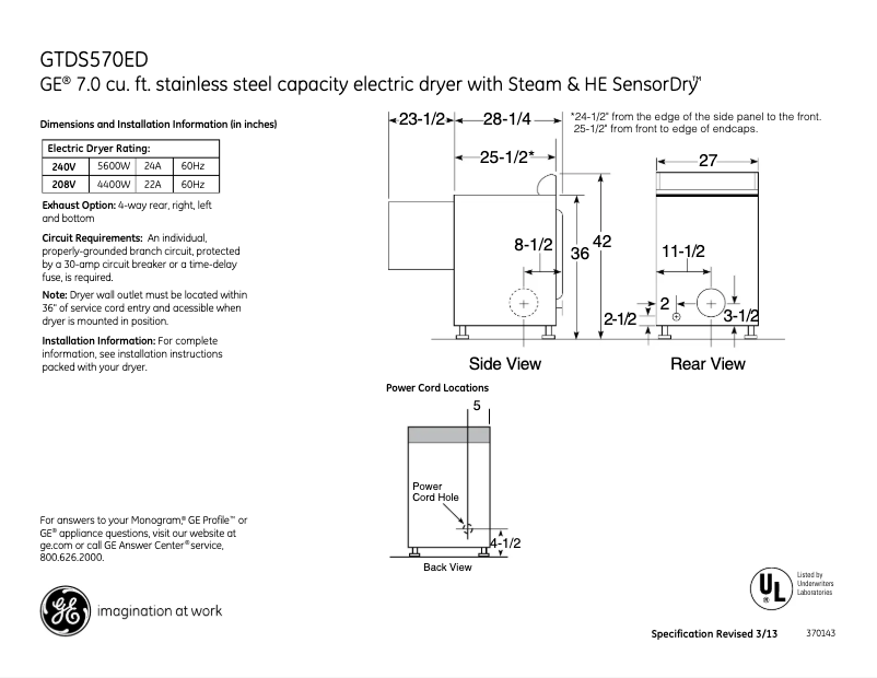 Página 1 del manual Ficha técnica GE GTDS570EDWW
