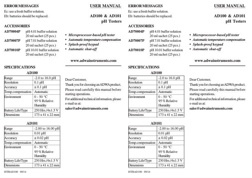 Imagen de la primera página del manual del dispositivo AD101