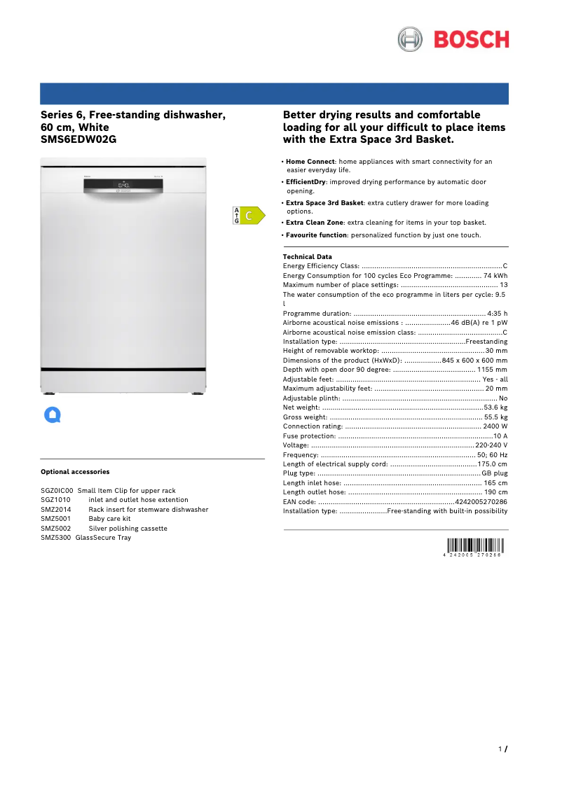 Página nº 1 - Ficha técnica Bosch SMS6EDW02G