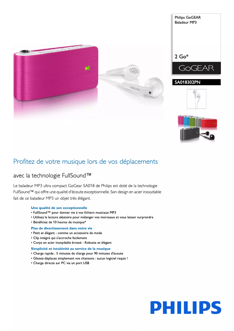 Página 1 del manual Ficha técnica Philips SA018302PN