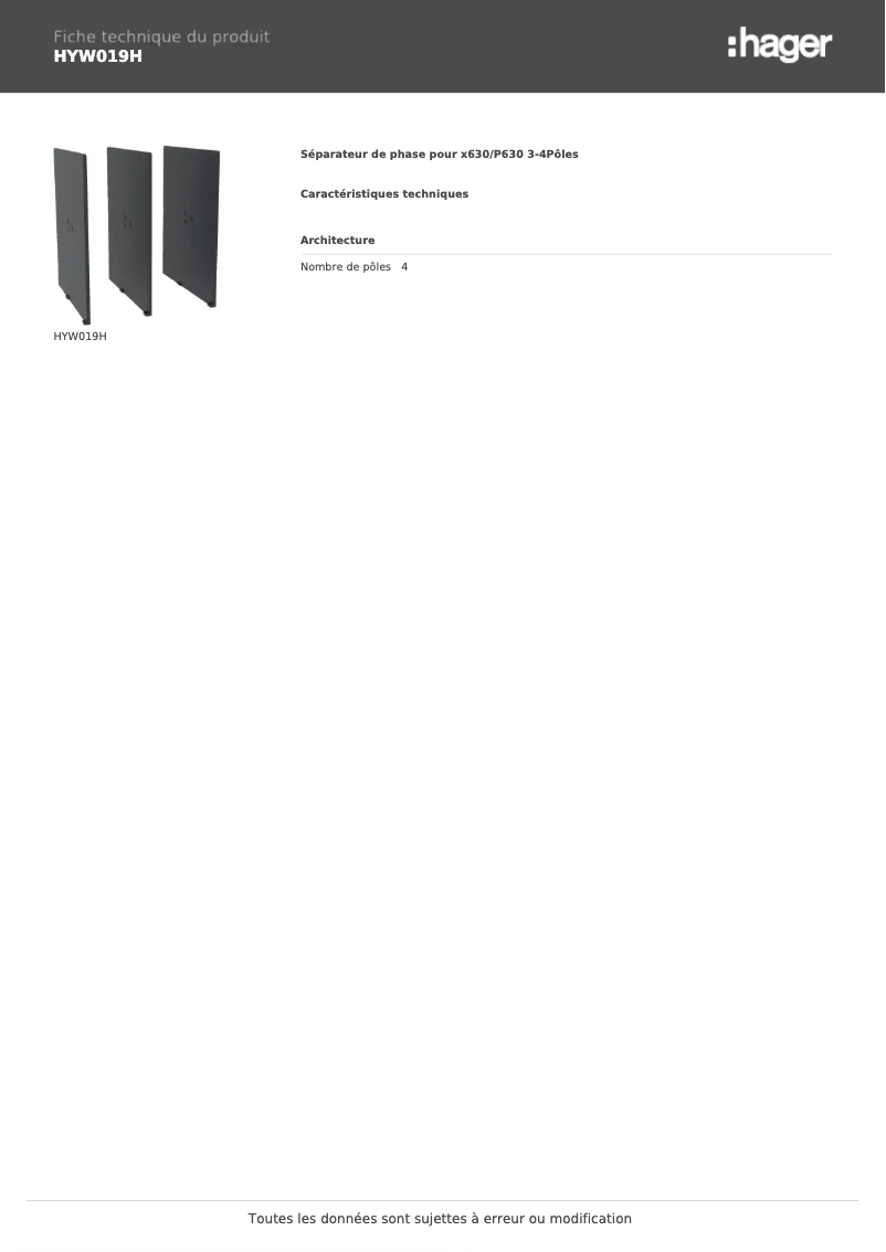 Página 1 del manual Ficha técnica Hager HYW019H