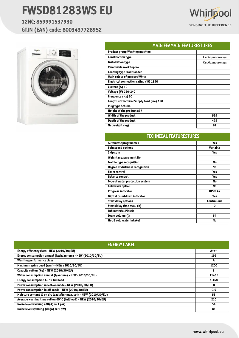 Página 1 del manual Ficha técnica Whirlpool FWSD81283WS