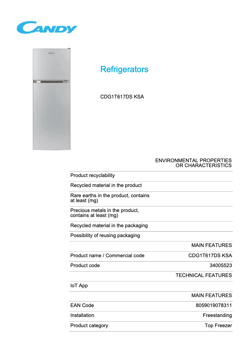 Página 1 del manual Ficha técnica Candy CDG1T617DS KSA