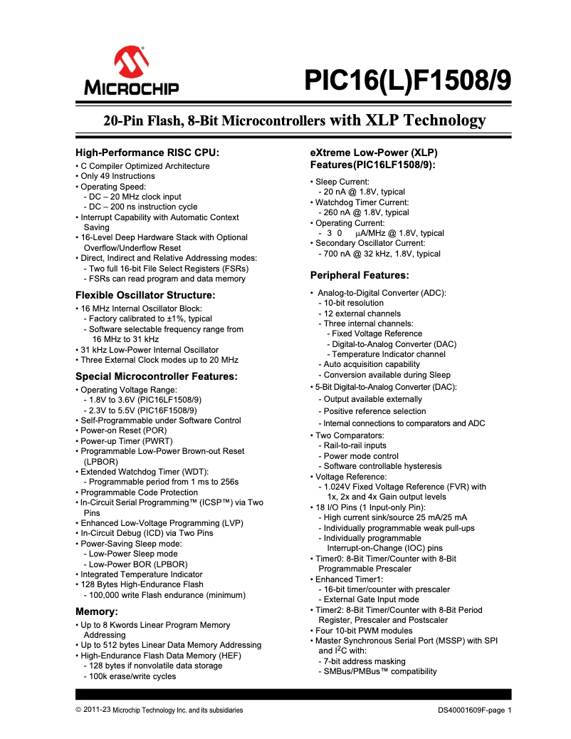 Imagen de la primera página del manual del dispositivo PIC16F1509