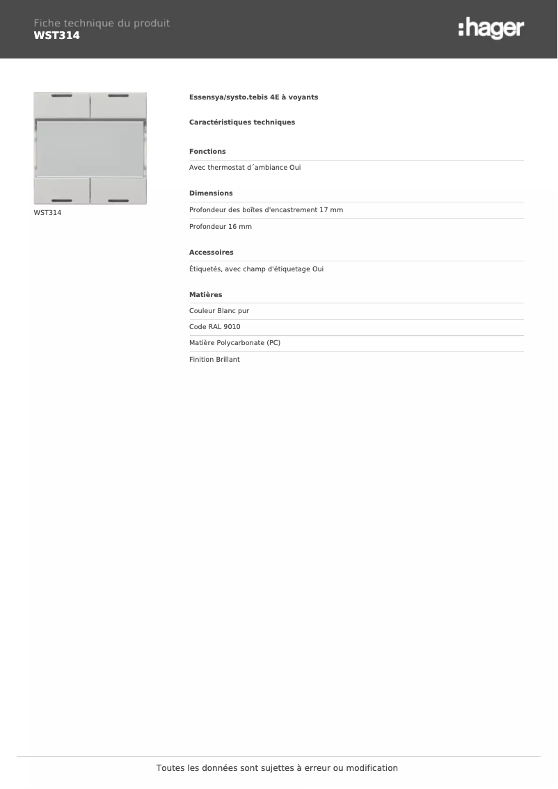 Página 1 del manual Ficha técnica Hager WST314