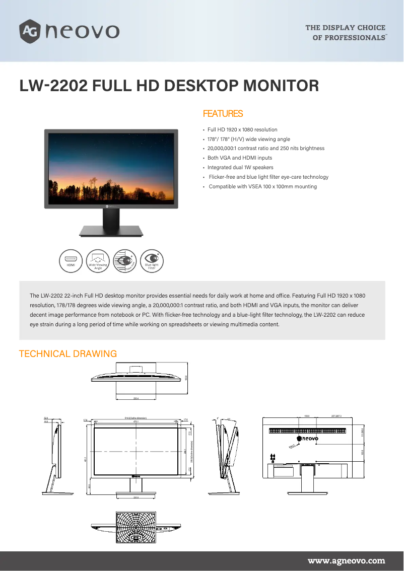 Página 1 del manual Ficha técnica AG Neovo LW-2202