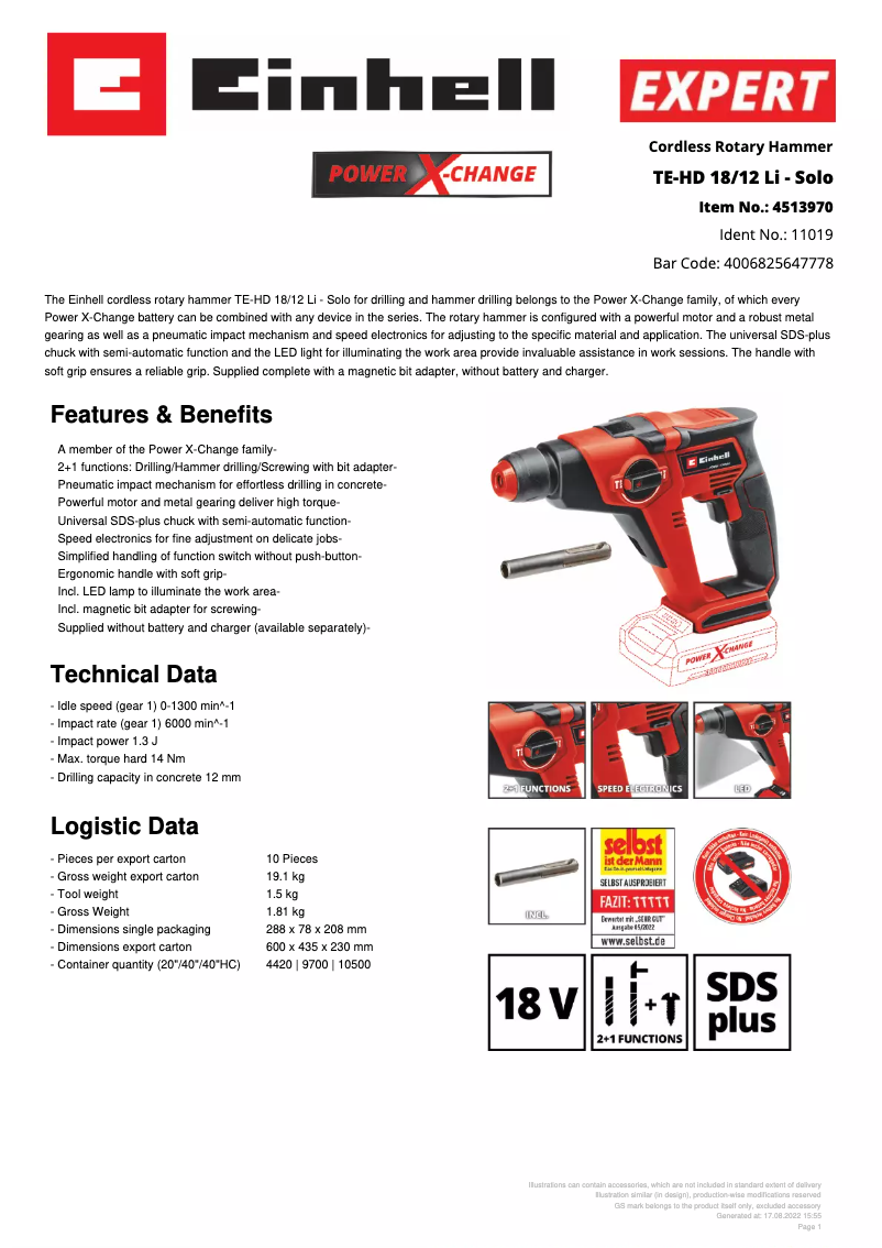 Página 1 del manual Ficha técnica Einhell TE-HD 18/12 Li