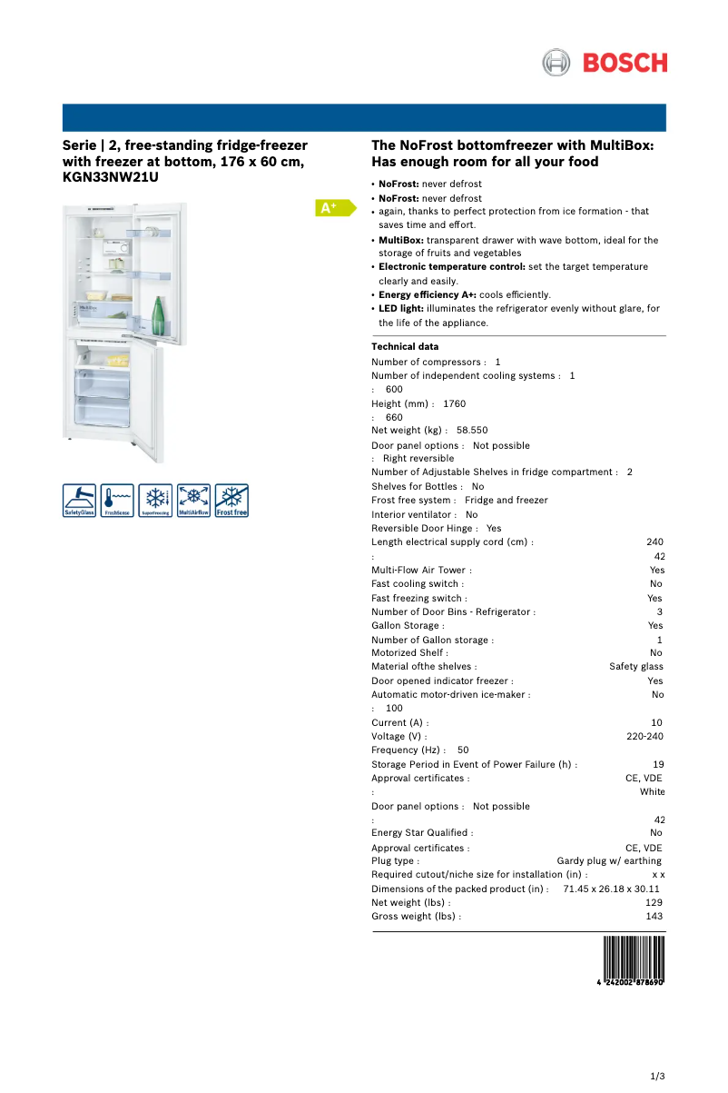 Página nº 1 - Ficha técnica Bosch KGN33NW21U
