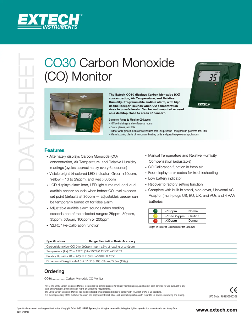 Página 1 del manual Ficha técnica Extech CO30