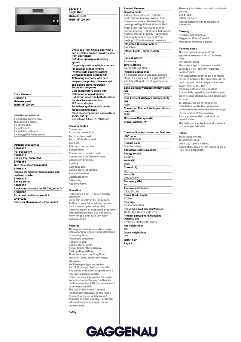 Página 1 del manual Ficha técnica Gaggenau EB333611