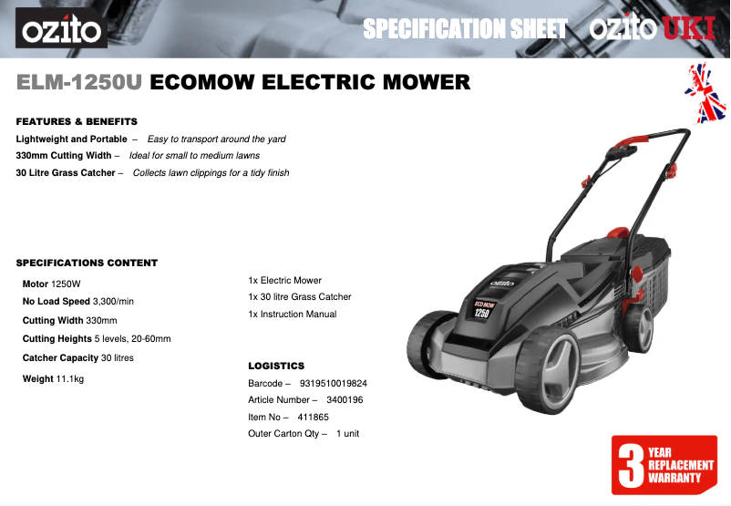 Página nº 1 - Ficha técnica Ozito ELM-1250U