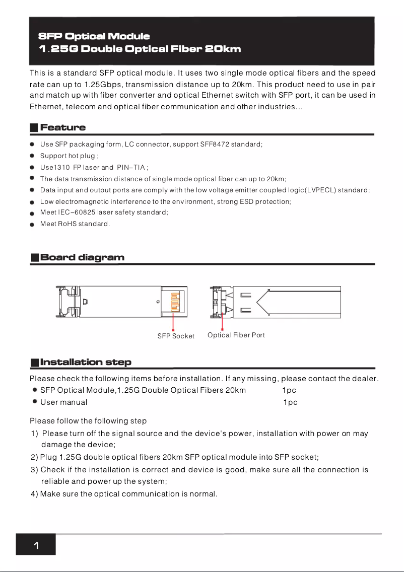 Imagen de la primera página del manual del dispositivo SFP-1.25G-20KM