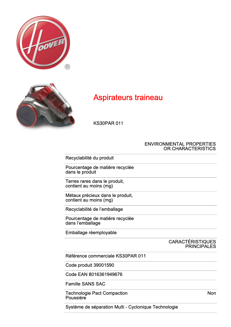 Página 1 del manual Ficha técnica Hoover KS30PAR 011