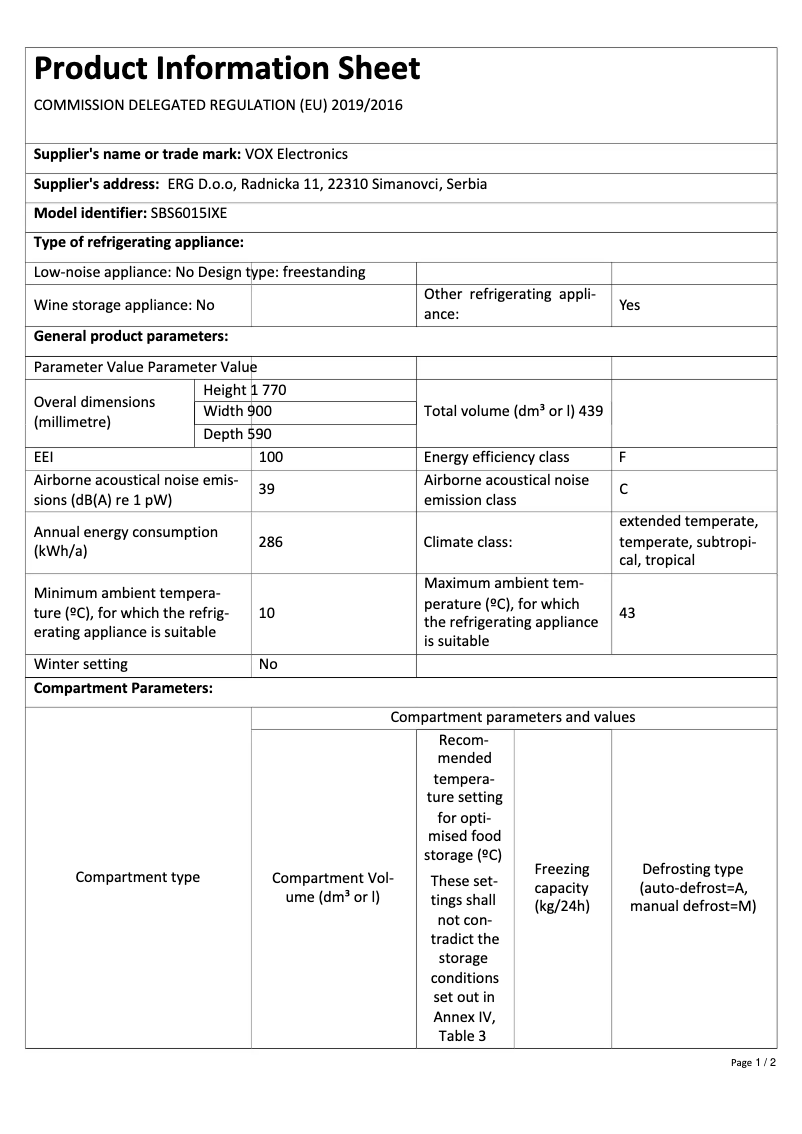Página 1 del manual Ficha técnica VOX SBS6015IXE