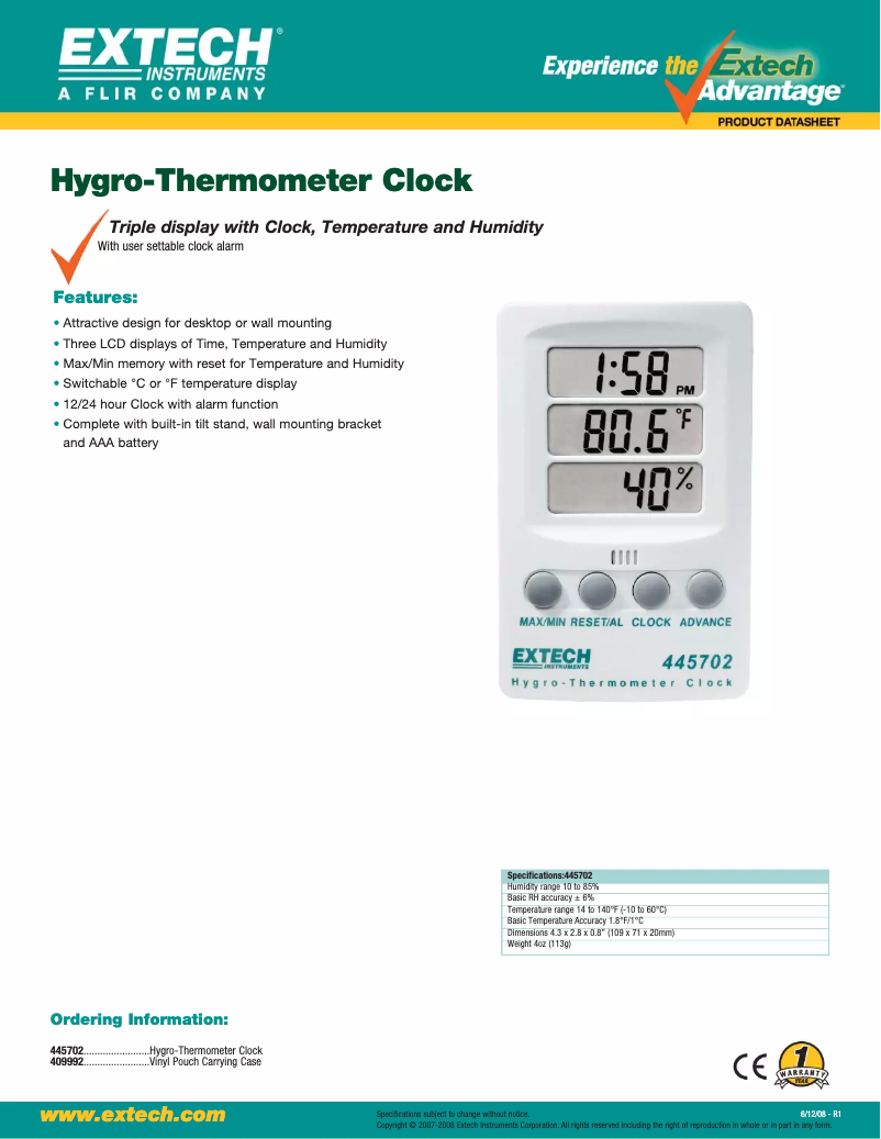 Página 1 del manual Ficha técnica Extech 445702