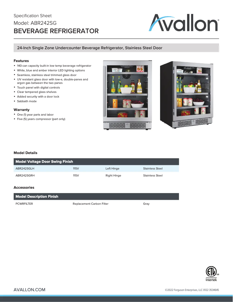 Página 1 del manual Ficha técnica Avallon ABR242BLSS
