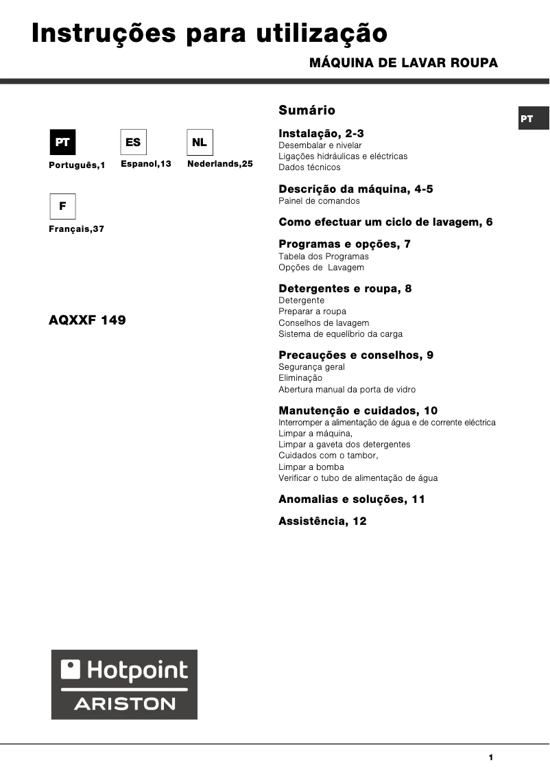 Página 1 del manual Manual de usuario Hotpoint Ariston AQXXF 149