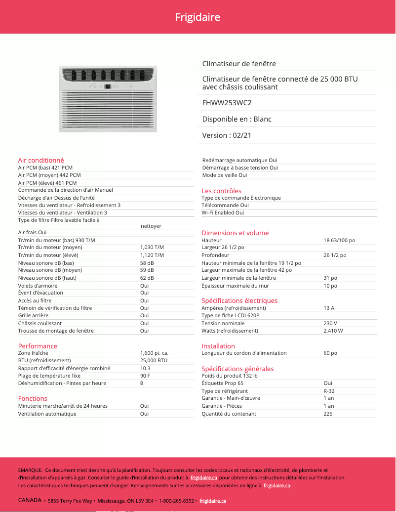 Página nº 1 - Ficha técnica Frigidaire FHWW253WC2