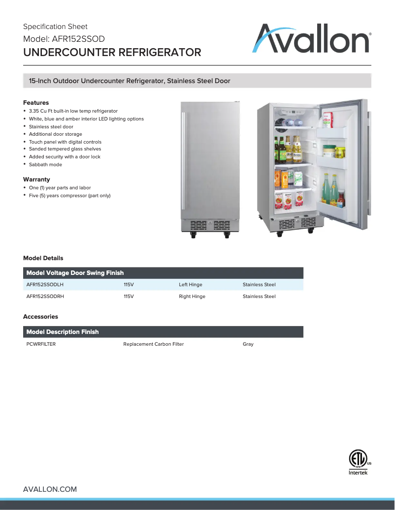 Página 1 del manual Ficha técnica Avallon AFR152SSODRH