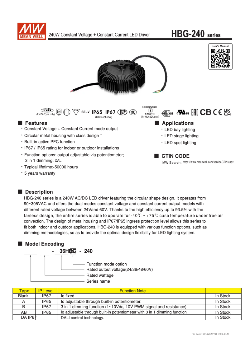 Página 1 del manual Manual de usuario Mean Well HBG-240-48DA