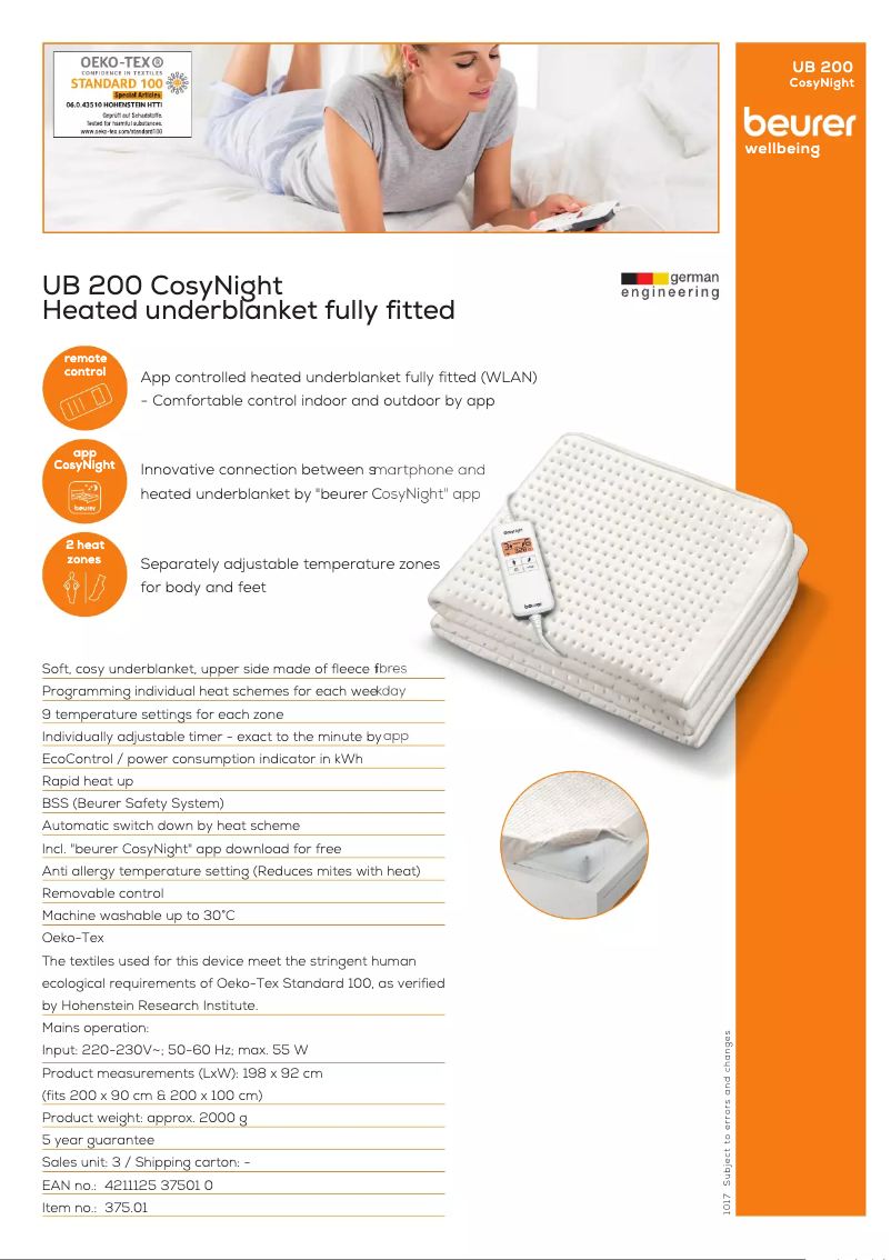 Página 1 del manual Ficha técnica Beurer UB 200 CosyNight