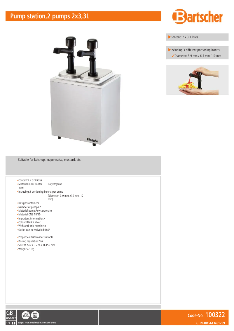 Página 1 del manual Ficha técnica Bartscher 100322