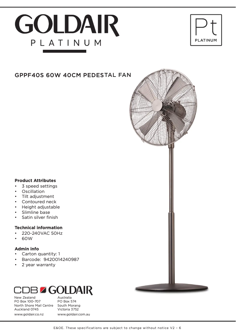 Página 1 del manual Ficha técnica GoldAir GPPF40S