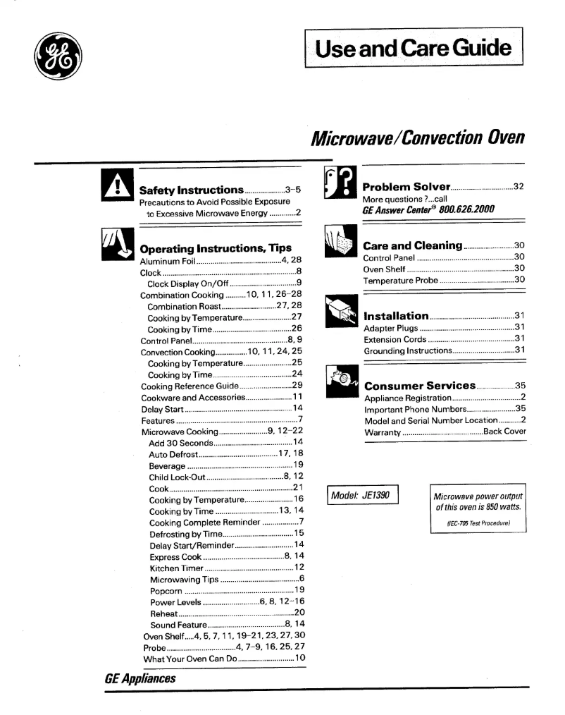 Imagen de la primera página del manual del dispositivo Profile JE1390GV