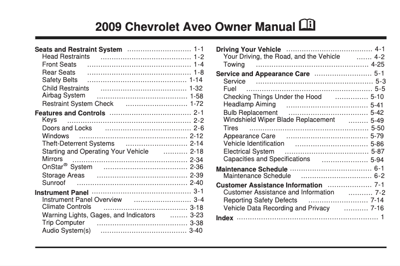 Página 1 del manual Manual de usuario Chevrolet Aveo (2009)