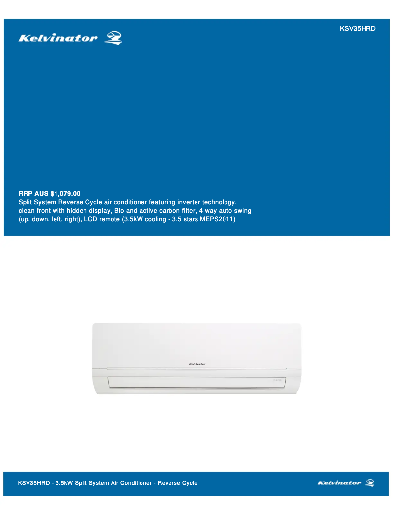 Página 1 del manual Ficha técnica Kelvinator KSV35HRD