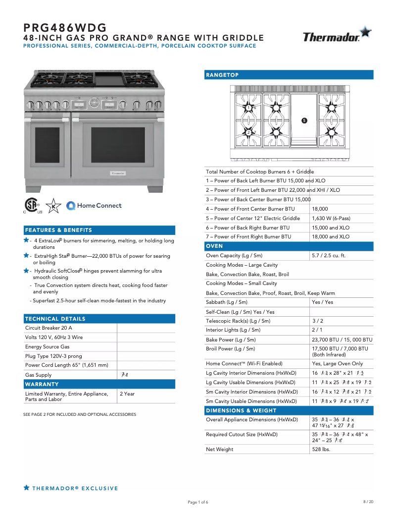 Página 1 del manual Ficha técnica Thermador PRG486WDG