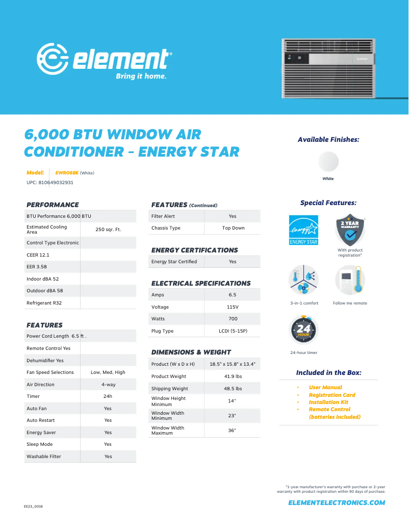 Página 1 del manual Ficha técnica Element EWR06BE