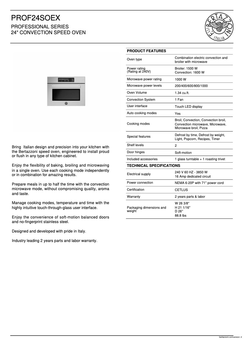 Página 1 del manual Ficha técnica Bertazzoni PROF24SOEX