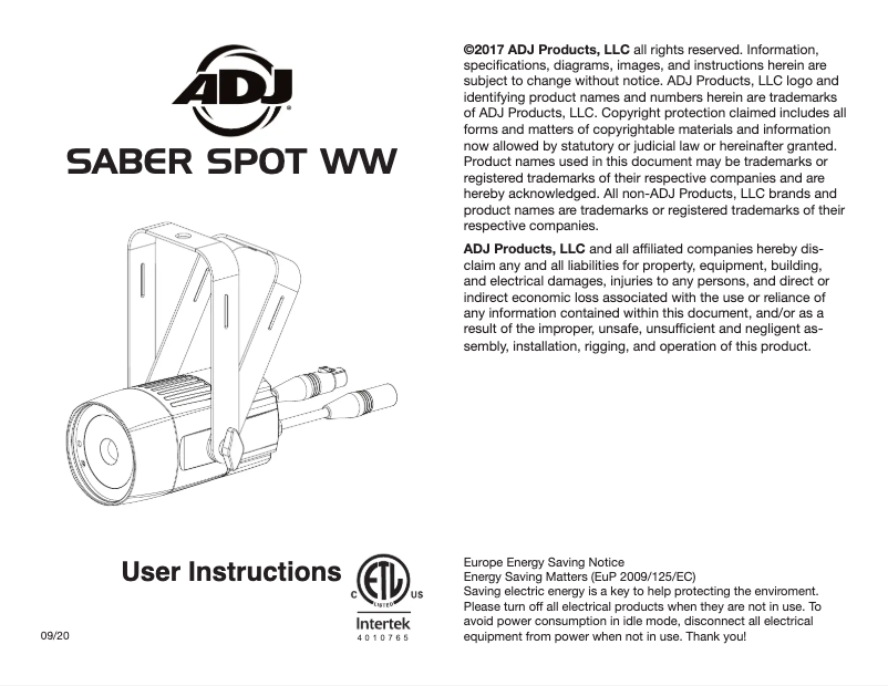 Imagen de la primera página del manual del dispositivo Saber Spot WW