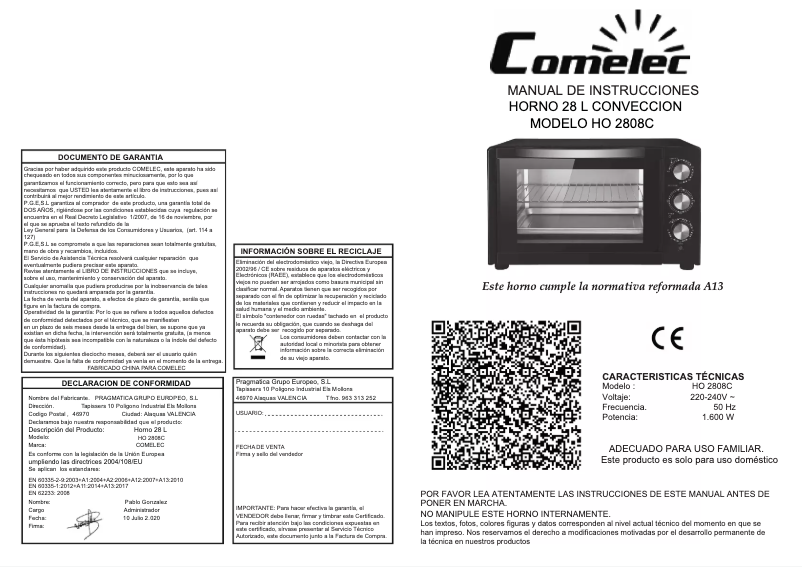 Página 1 del manual Manual de usuario Comelec HO 2808 C