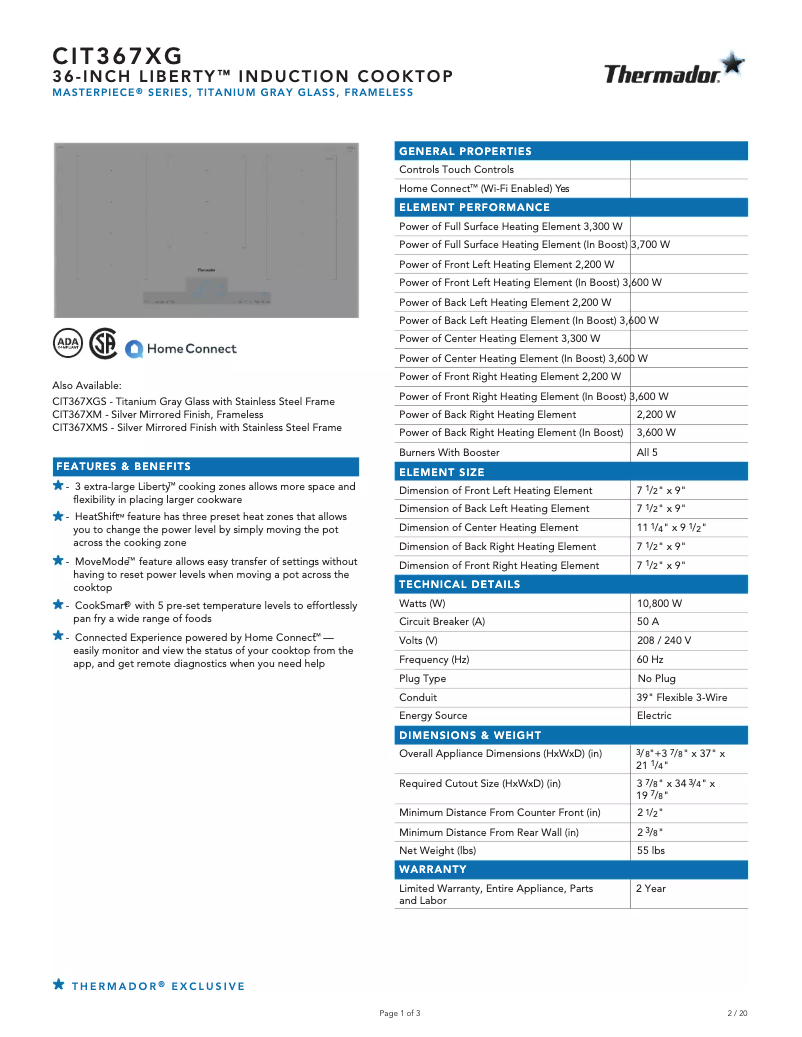 Página 1 del manual Ficha técnica Thermador CIT367XG