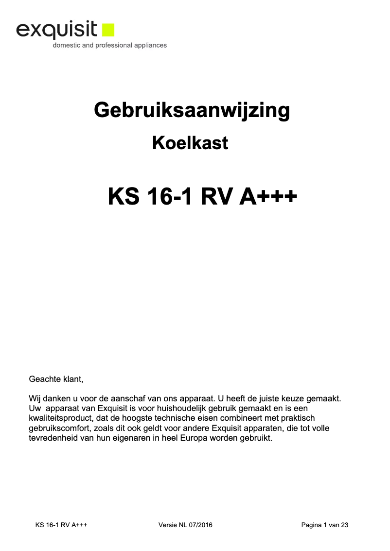 Página 1 del manual Manual de instrucciones Exquisit KS16-1RVA+++