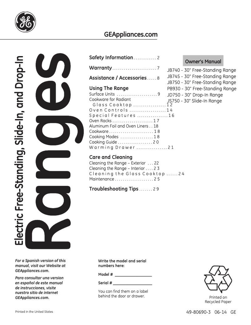 Imagen de la primera página del manual del dispositivo JB750SFSS