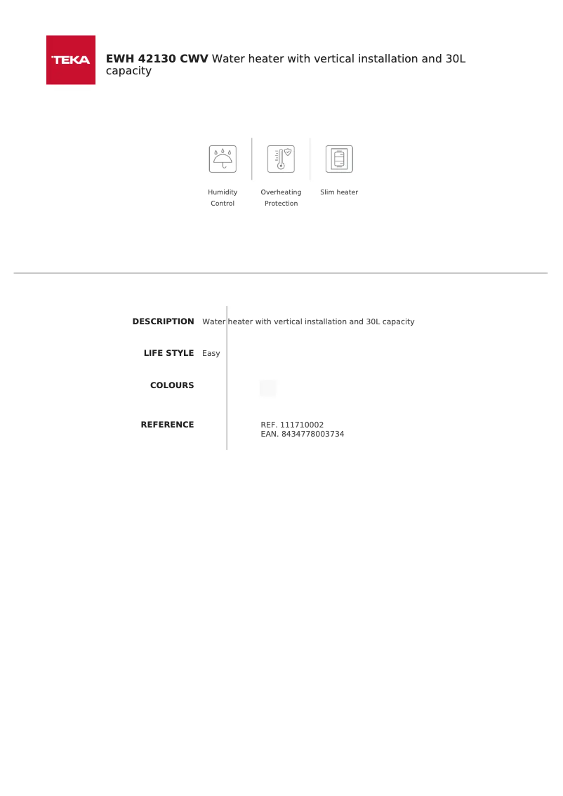 Página 1 del manual Ficha técnica Teka EWH 42130 CWV