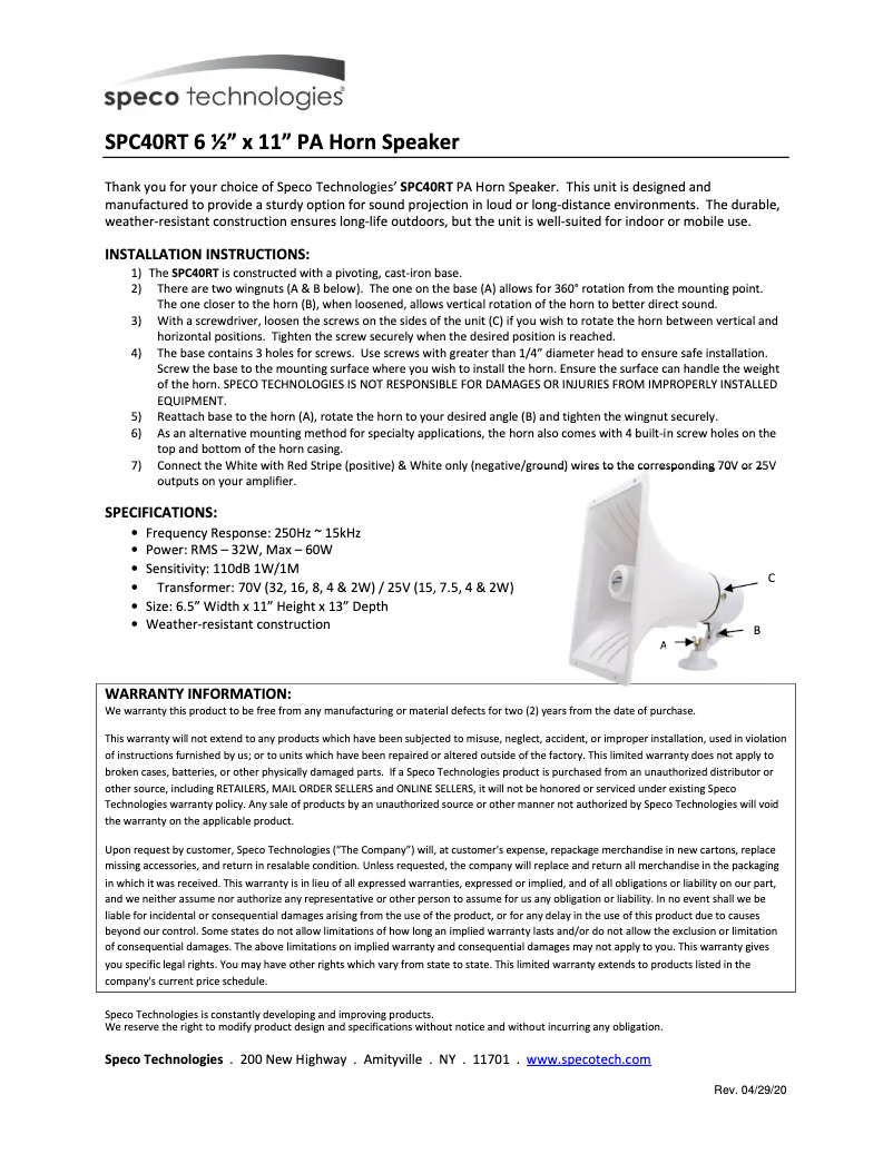 Página nº 1 - Manual de usuario Speco Technologies SPC40RT