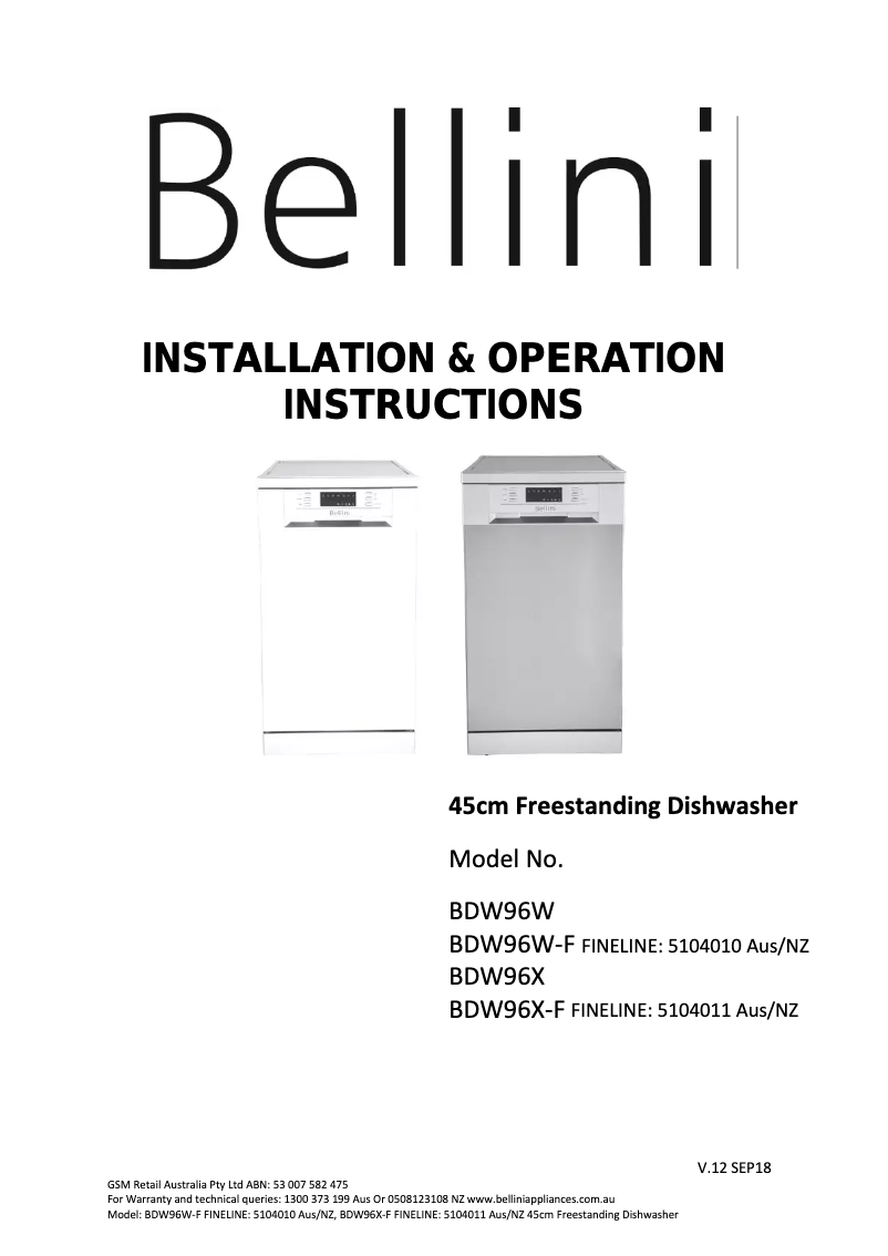 Página 1 del manual Manual de usuario Bellini BDW96X-F