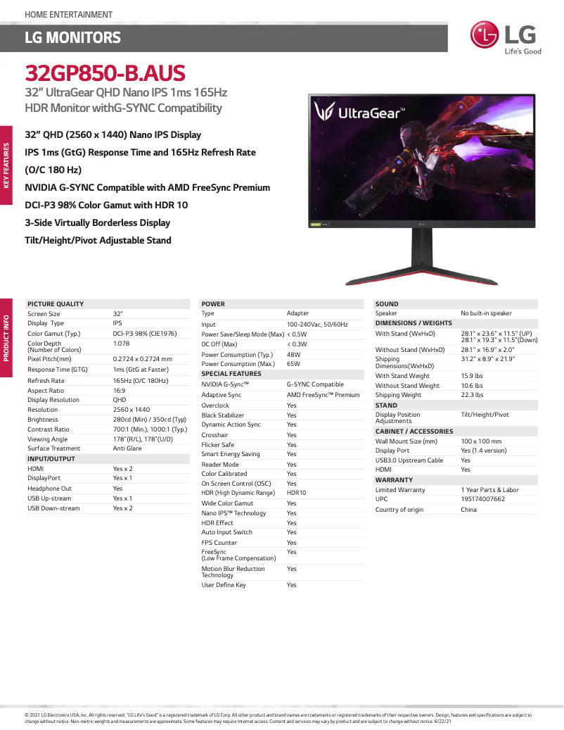 Imagen de la primera página del manual del dispositivo UltraGear 32GP850